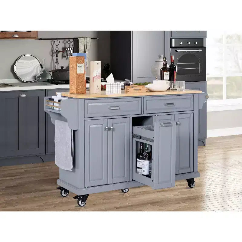 Îlot de cuisine avec rangement et plan de travail en bois d'hévéa, chariot de cuisine à 5 roues avec grand espace de rangement, organisateur de plan de travail pour salle à manger