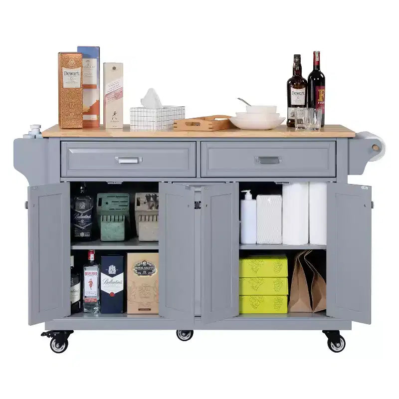 Îlot de cuisine avec rangement et plan de travail en bois d'hévéa, chariot de cuisine à 5 roues avec grand espace de rangement, organisateur de plan de travail pour salle à manger