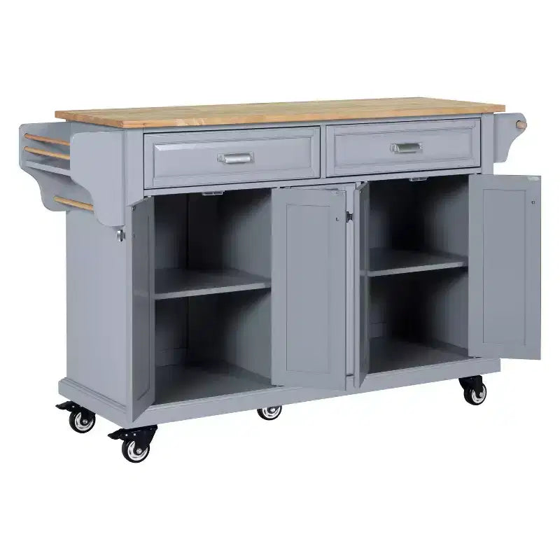 Îlot de cuisine avec rangement et plan de travail en bois d'hévéa, chariot de cuisine à 5 roues avec grand espace de rangement, organisateur de plan de travail pour salle à manger