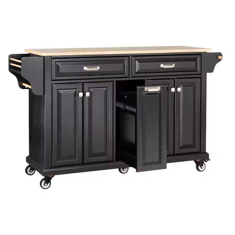 Îlot de cuisine avec rangement et plan de travail en bois d'hévéa, chariot de cuisine à 5 roues avec grand espace de rangement, organisateur de plan de travail pour salle à manger