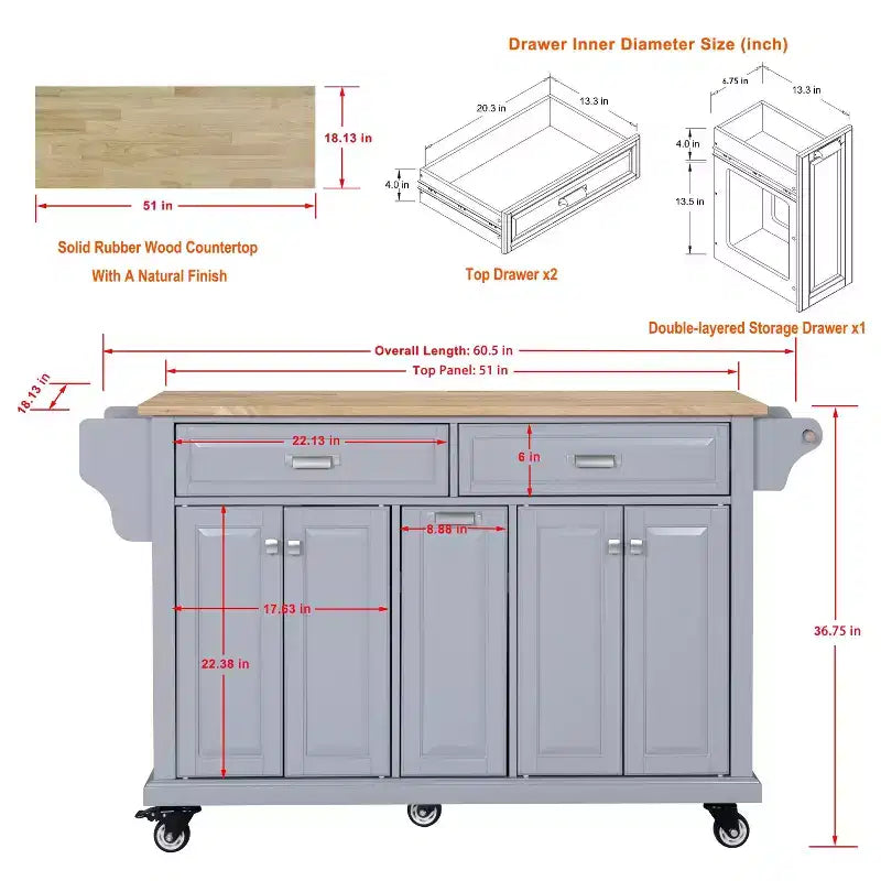 Îlot de cuisine avec rangement et plan de travail en bois d'hévéa, chariot de cuisine à 5 roues avec grand espace de rangement, organisateur de plan de travail pour salle à manger
