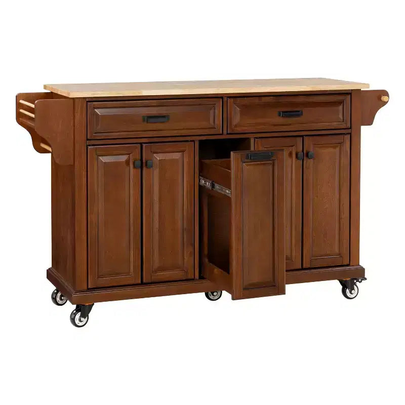 Îlot de cuisine avec rangement et plan de travail en bois d'hévéa, chariot de cuisine à 5 roues avec grand espace de rangement, organisateur de plan de travail pour salle à manger