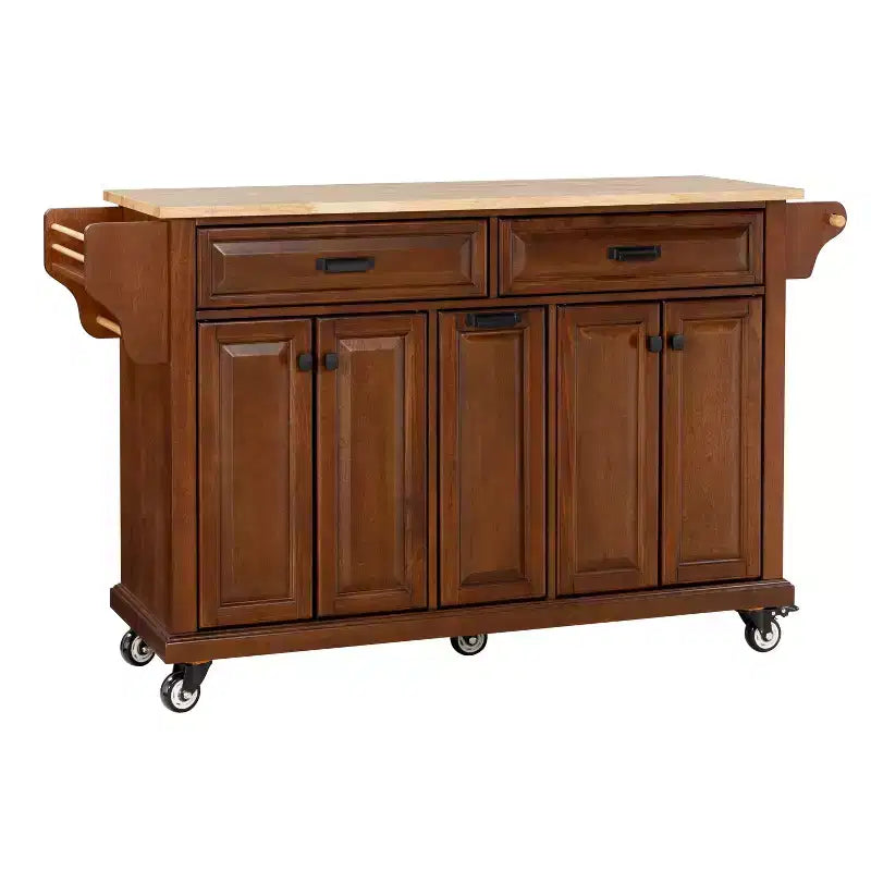 Îlot de cuisine avec rangement et plan de travail en bois d'hévéa, chariot de cuisine à 5 roues avec grand espace de rangement, organisateur de plan de travail pour salle à manger