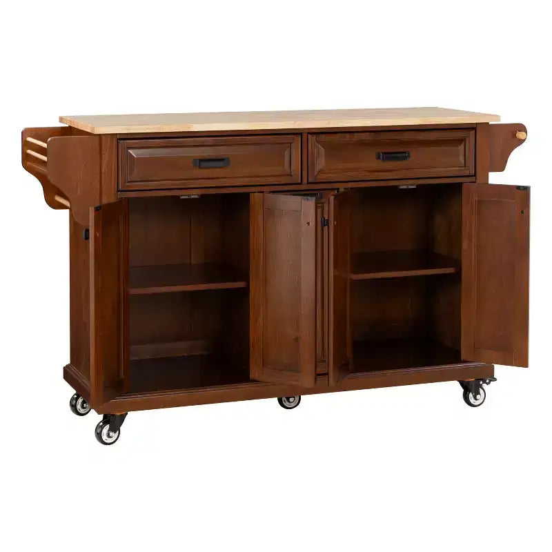 Îlot de cuisine avec rangement et plan de travail en bois d'hévéa, chariot de cuisine à 5 roues avec grand espace de rangement, organisateur de plan de travail pour salle à manger