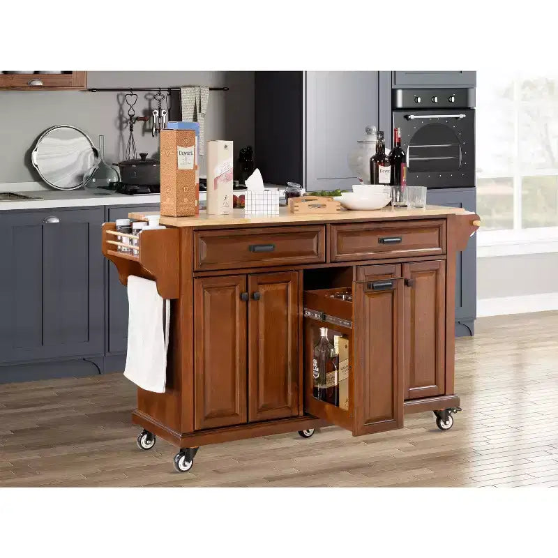Îlot de cuisine avec rangement et plan de travail en bois d'hévéa, chariot de cuisine à 5 roues avec grand espace de rangement, organisateur de plan de travail pour salle à manger