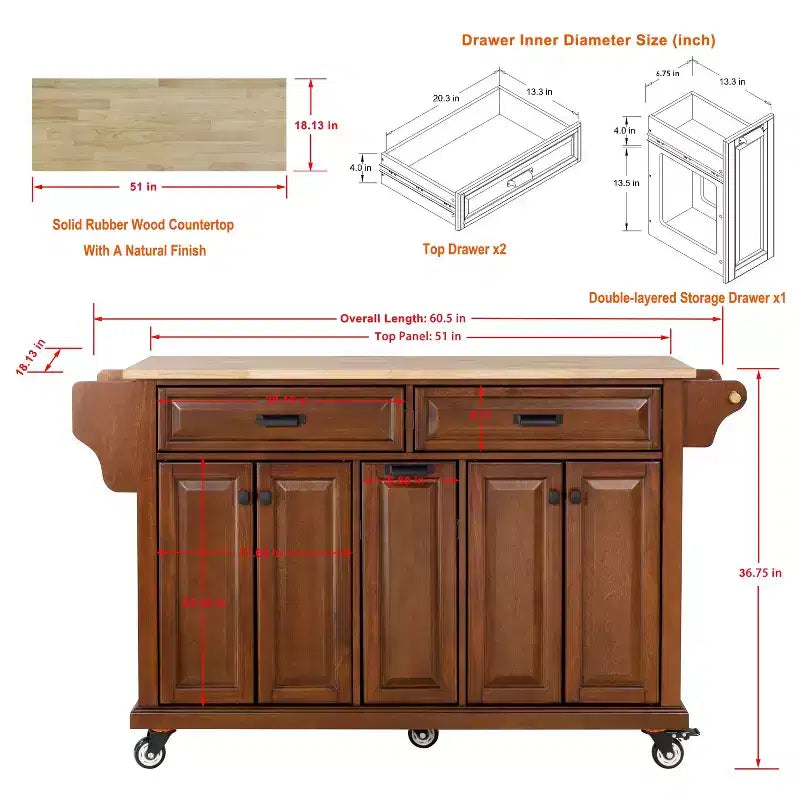 Îlot de cuisine avec rangement et plan de travail en bois d'hévéa, chariot de cuisine à 5 roues avec grand espace de rangement, organisateur de plan de travail pour salle à manger