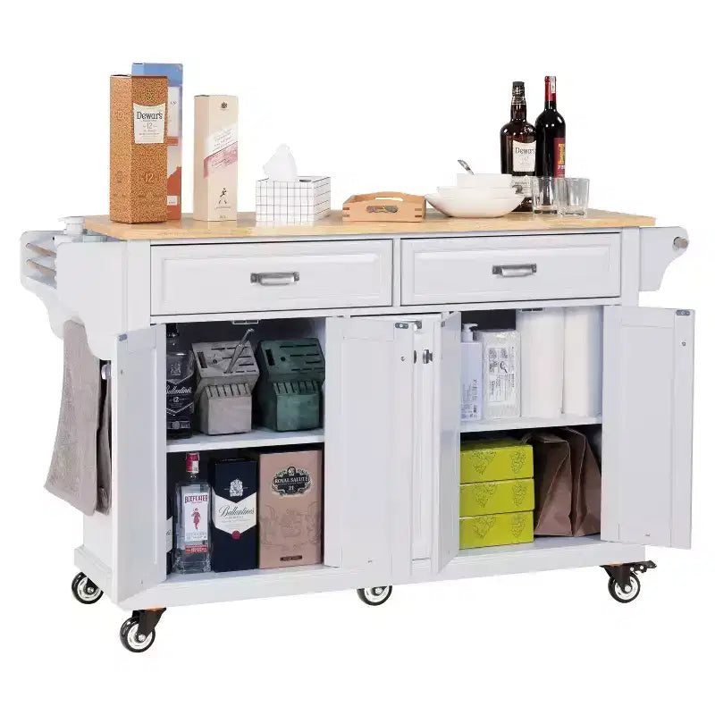 Îlot de cuisine avec rangement et plan de travail en bois d'hévéa, chariot de cuisine à 5 roues avec grand espace de rangement, organisateur de plan de travail pour salle à manger
