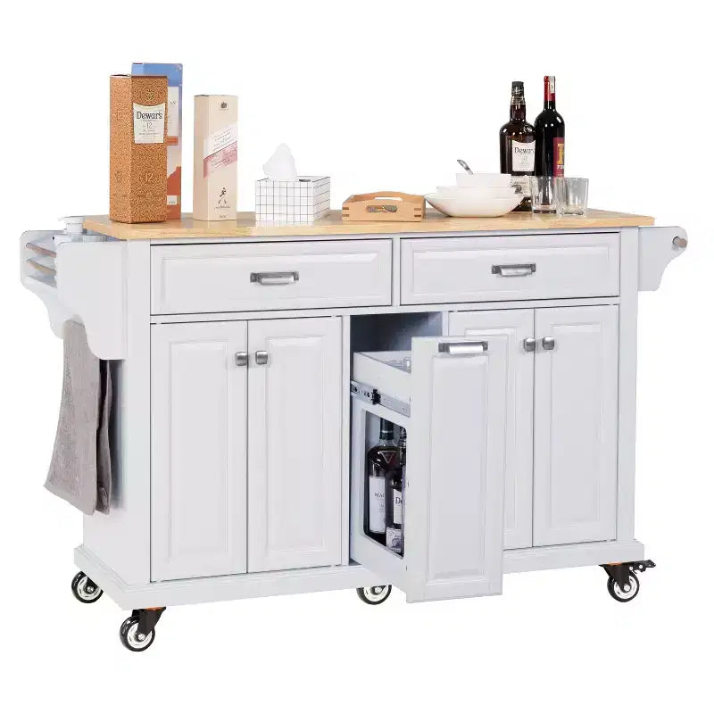 Îlot de cuisine avec rangement et plan de travail en bois d'hévéa, chariot de cuisine à 5 roues avec grand espace de rangement, organisateur de plan de travail pour salle à manger