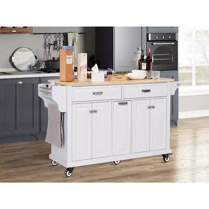Îlot de cuisine avec rangement et plan de travail en bois d'hévéa, chariot de cuisine à 5 roues avec grand espace de rangement, organisateur de plan de travail pour salle à manger