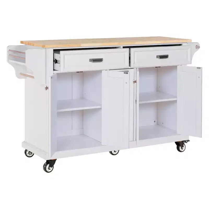 Îlot de cuisine avec rangement et plan de travail en bois d'hévéa, chariot de cuisine à 5 roues avec grand espace de rangement, organisateur de plan de travail pour salle à manger