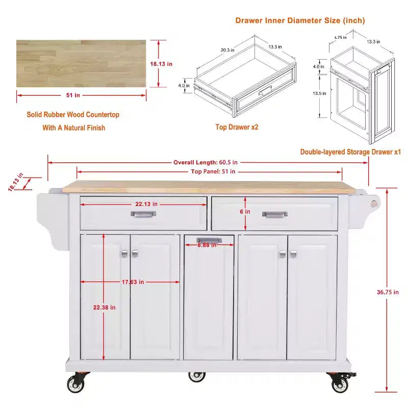Îlot de cuisine avec rangement et plan de travail en bois d'hévéa, chariot de cuisine à 5 roues avec grand espace de rangement, organisateur de plan de travail pour salle à manger