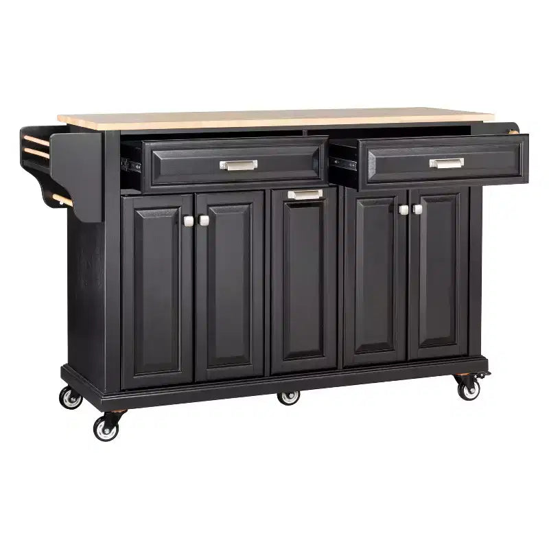Îlot de cuisine avec rangement et plan de travail en bois d'hévéa, chariot de cuisine à 5 roues avec grand espace de rangement, organisateur de plan de travail pour salle à manger