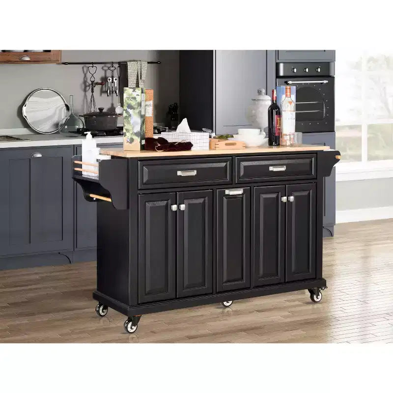 Îlot de cuisine avec rangement et plan de travail en bois d'hévéa, chariot de cuisine à 5 roues avec grand espace de rangement, organisateur de plan de travail pour salle à manger