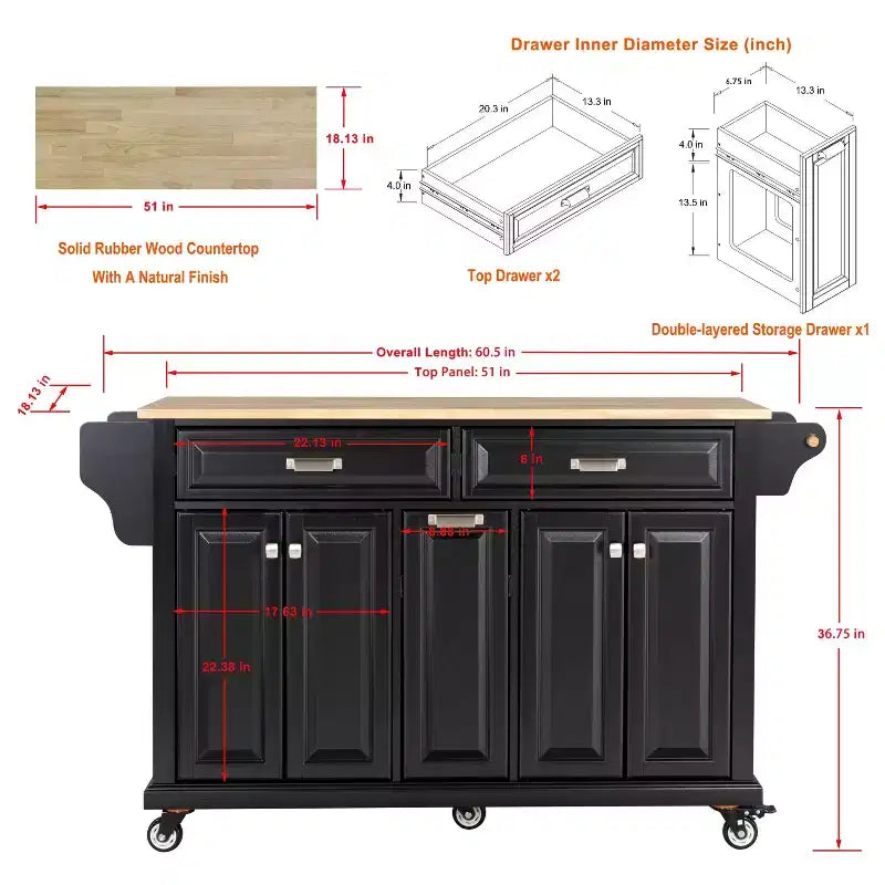 Îlot de cuisine avec rangement et plan de travail en bois d'hévéa, chariot de cuisine à 5 roues avec grand espace de rangement, organisateur de plan de travail pour salle à manger