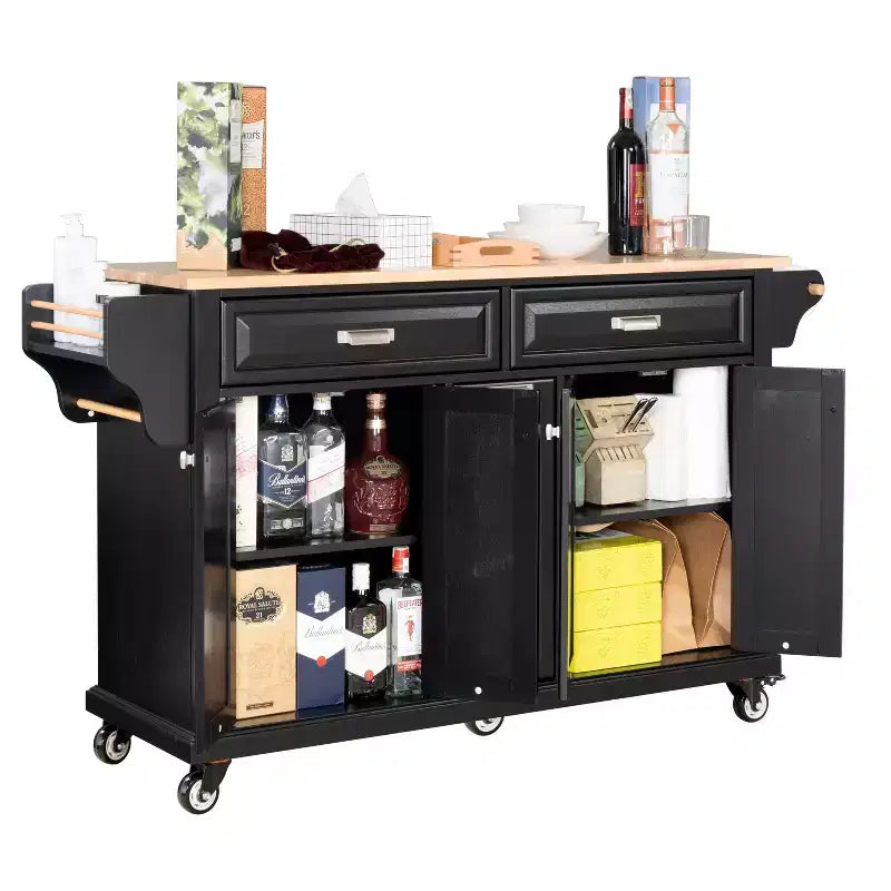 Îlot de cuisine avec rangement et plan de travail en bois d'hévéa, chariot de cuisine à 5 roues avec grand espace de rangement, organisateur de plan de travail pour salle à manger