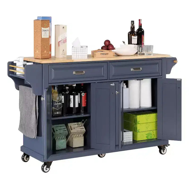Îlot de cuisine avec rangement et plan de travail en bois d'hévéa, chariot de cuisine à 5 roues avec grand espace de rangement, organisateur de plan de travail pour salle à manger