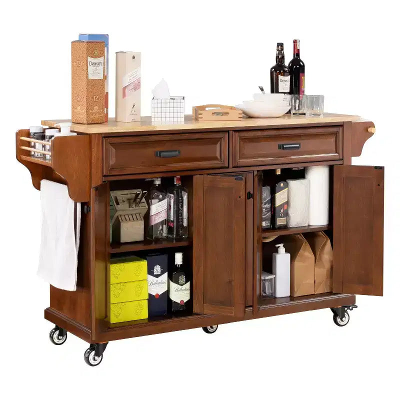 Îlot de cuisine avec rangement et plan de travail en bois d'hévéa, chariot de cuisine à 5 roues avec grand espace de rangement, organisateur de plan de travail pour salle à manger