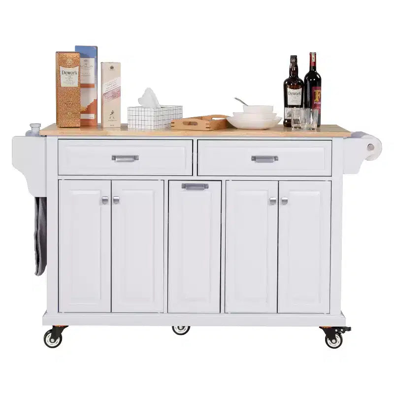 Îlot de cuisine avec rangement et plan de travail en bois d'hévéa, chariot de cuisine à 5 roues avec grand espace de rangement, organisateur de plan de travail pour salle à manger