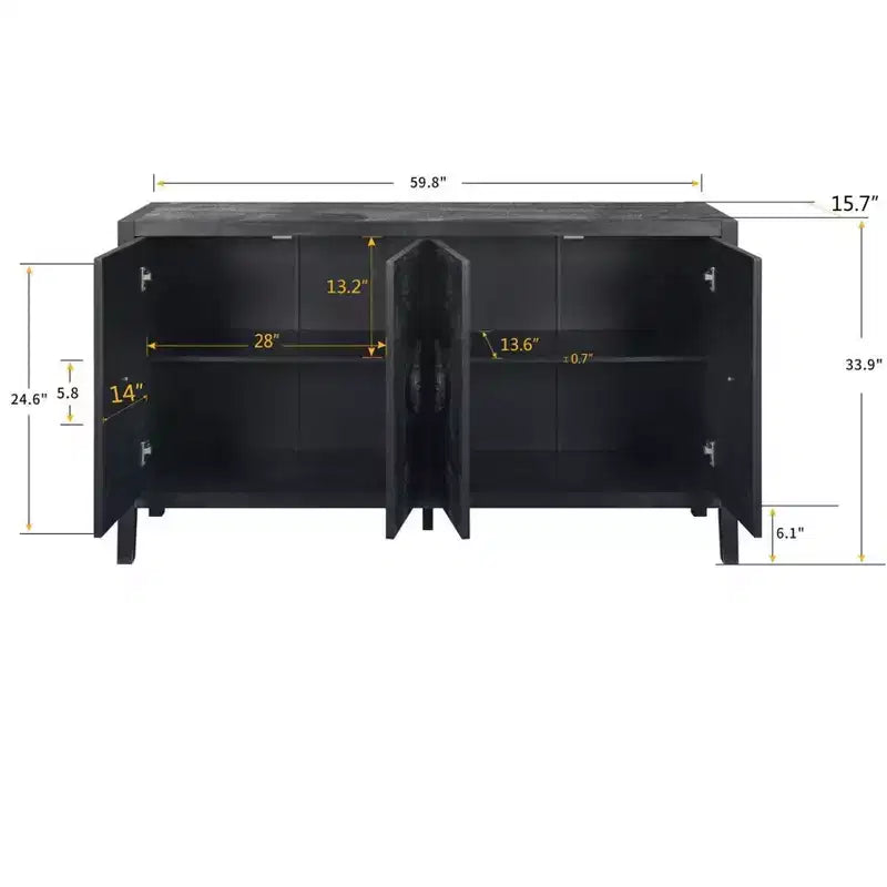Buffet console rétro à 4 portes, grand meuble de rangement de cuisine, table console élégante pour entrée avec étagères réglables