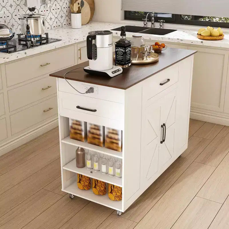 Îlot de Cuisine Rustique Mobile avec Roues et Prise de Courant, Desserte de Bar avec Plan de Travail en Bois, Meuble de Rangement pour Cuisine, Salle à Manger
