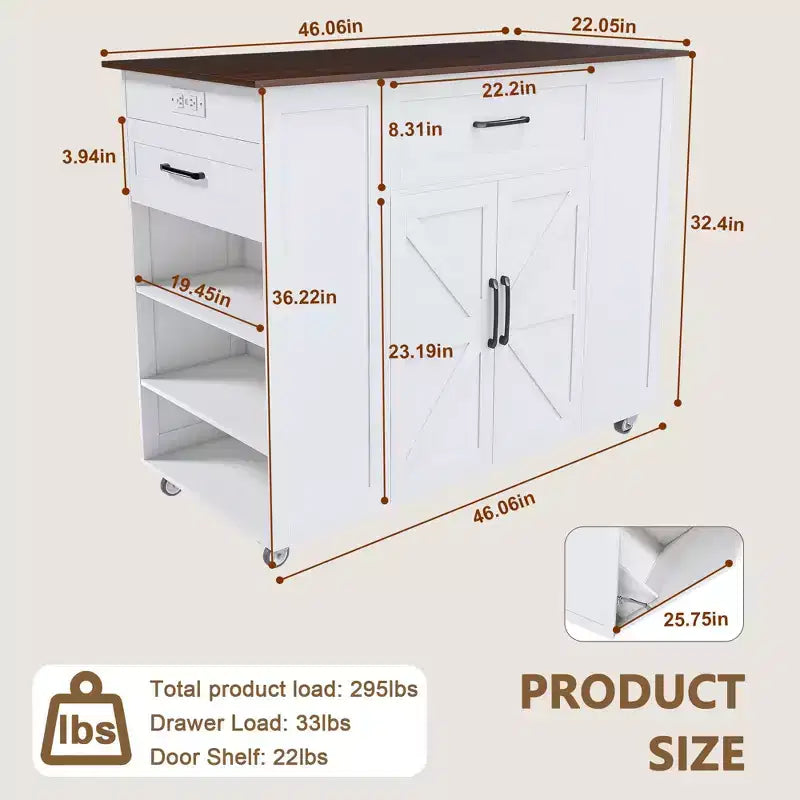 Îlot de Cuisine Rustique Mobile avec Roues et Prise de Courant, Desserte de Bar avec Plan de Travail en Bois, Meuble de Rangement pour Cuisine, Salle à Manger