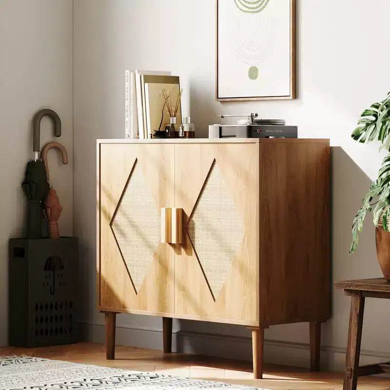 Meuble de rangement avec portes en rotin, meuble de rangement, armoire multifonctionnelle avec étagères intérieures réglables pour salon, entrée, naturel