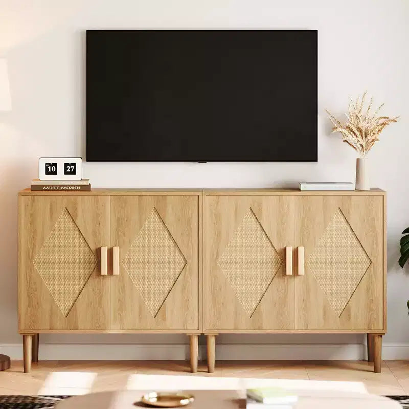 Meuble de rangement avec portes en rotin, meuble de rangement, armoire multifonctionnelle avec étagères intérieures réglables pour salon, entrée, naturel