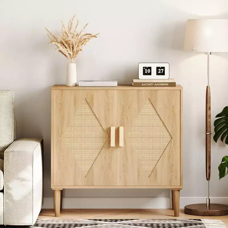 Meuble de rangement avec portes en rotin, meuble de rangement, armoire multifonctionnelle avec étagères intérieures réglables pour salon, entrée, naturel