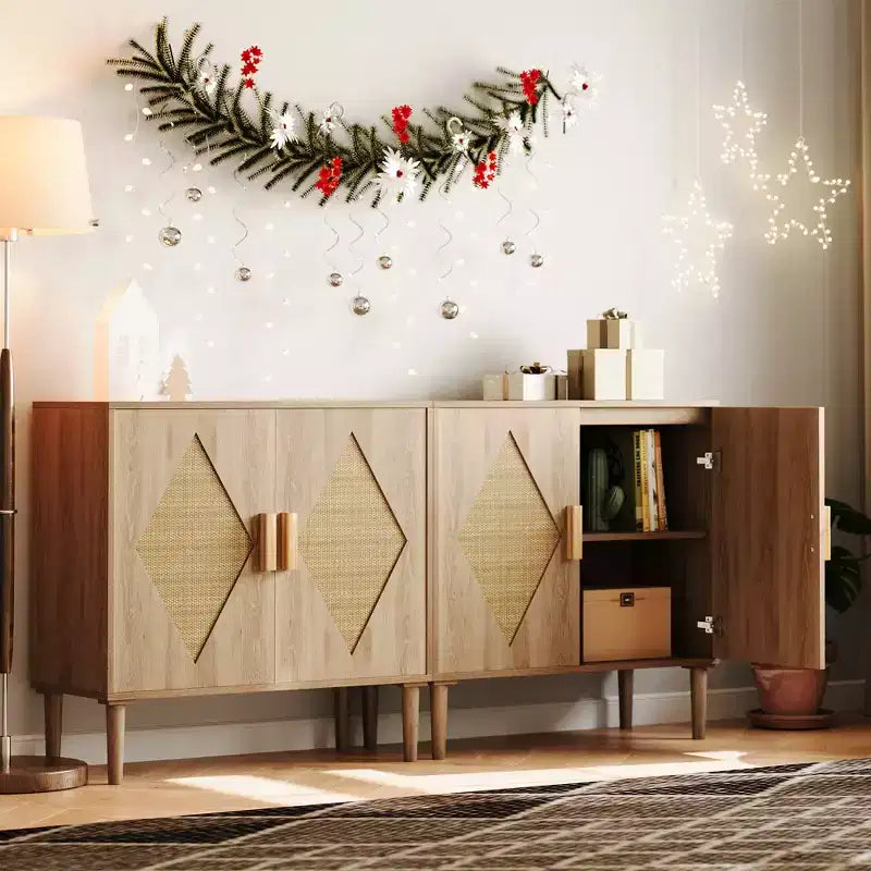Meuble de rangement avec portes en rotin, meuble de rangement, armoire multifonctionnelle avec étagères intérieures réglables pour salon, entrée, naturel