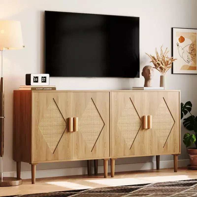 Meuble de rangement avec portes en rotin, meuble de rangement, armoire multifonctionnelle avec étagères intérieures réglables pour salon, entrée, naturel