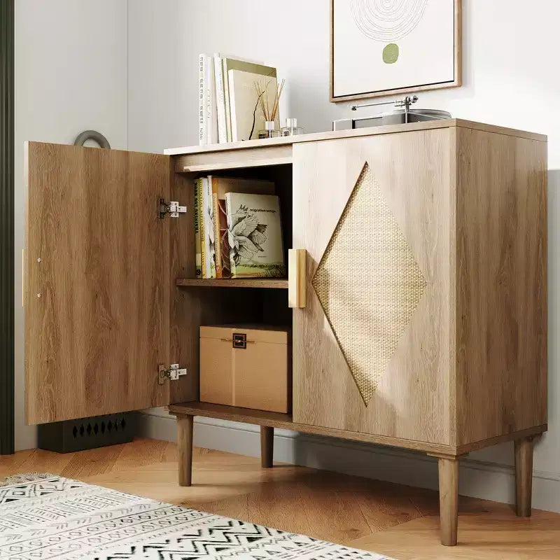Meuble de rangement avec portes en rotin, meuble de rangement, armoire multifonctionnelle avec étagères intérieures réglables pour salon, entrée, naturel