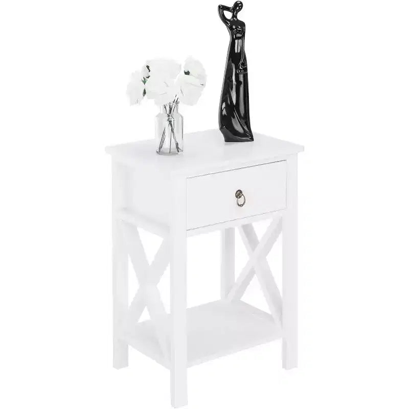 Table de chevet blanche avec tiroir et étagère