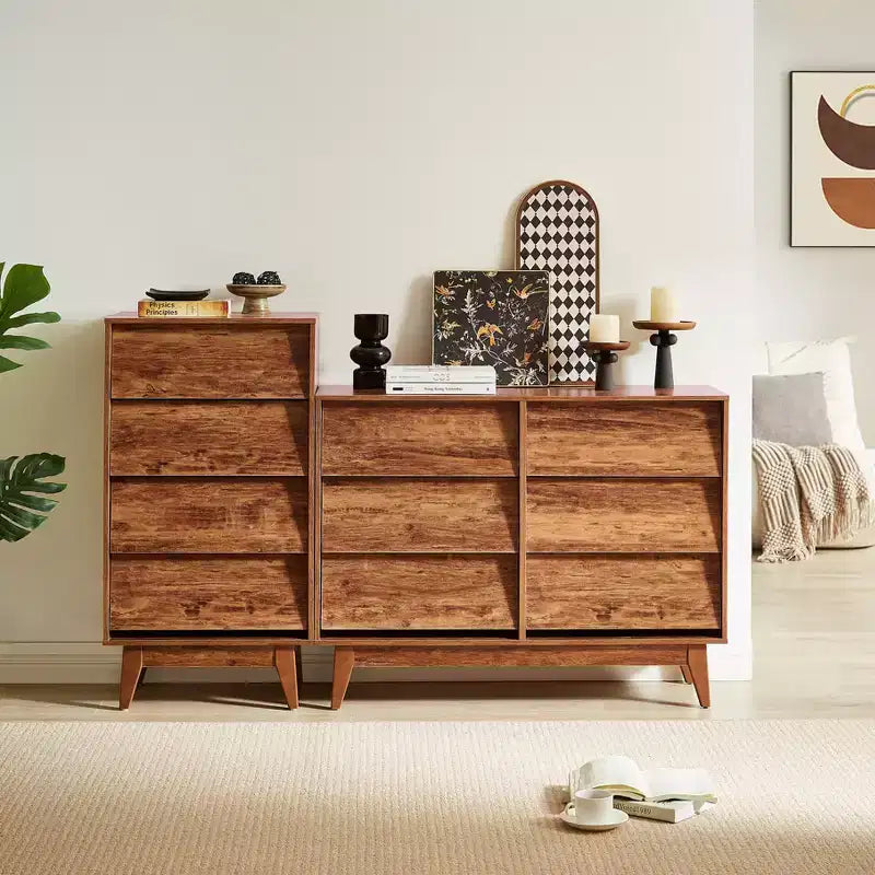 Commode de chambre à 6 tiroirs, grande commode vintage avec motif biseauté, double commode de rangement d'appoint