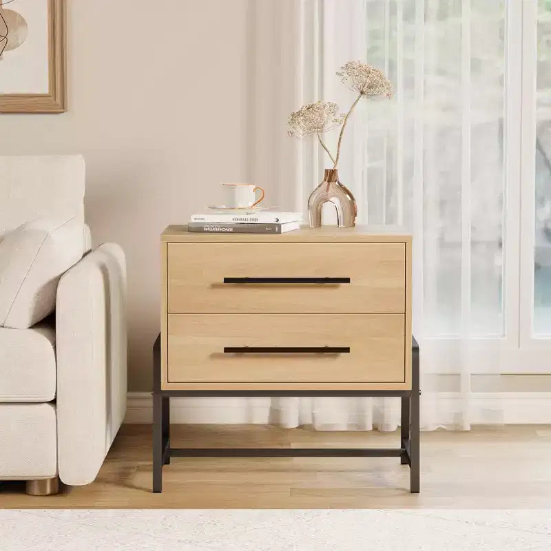 Table de chevet moderne du milieu du siècle avec 2 tiroirs de rangement, table de nuit, table d'appoint avec pieds en bois clair et métal pour chambre à coucher, salon, bois clair