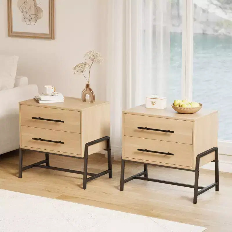 Table de chevet moderne du milieu du siècle avec 2 tiroirs de rangement, table de nuit, table d'appoint avec pieds en bois clair et métal pour chambre à coucher, salon, bois clair