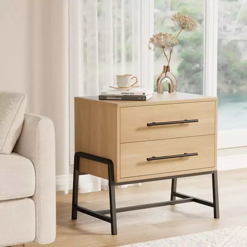 Table de chevet moderne du milieu du siècle avec 2 tiroirs de rangement, table de nuit, table d'appoint avec pieds en bois clair et métal pour chambre à coucher, salon, bois clair
