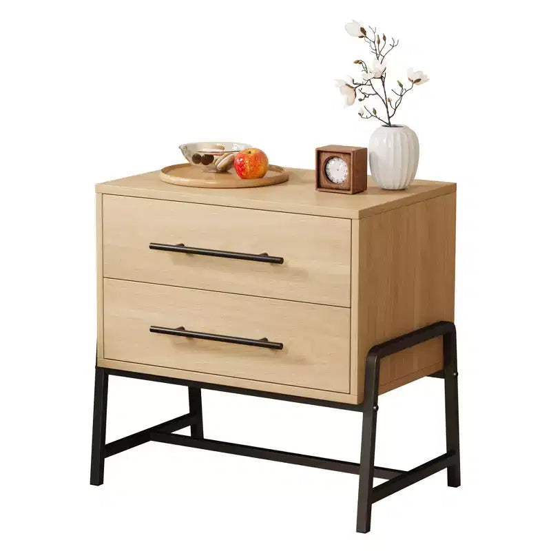 Table de chevet moderne du milieu du siècle avec 2 tiroirs de rangement, table de nuit, table d'appoint avec pieds en bois clair et métal pour chambre à coucher, salon, bois clair