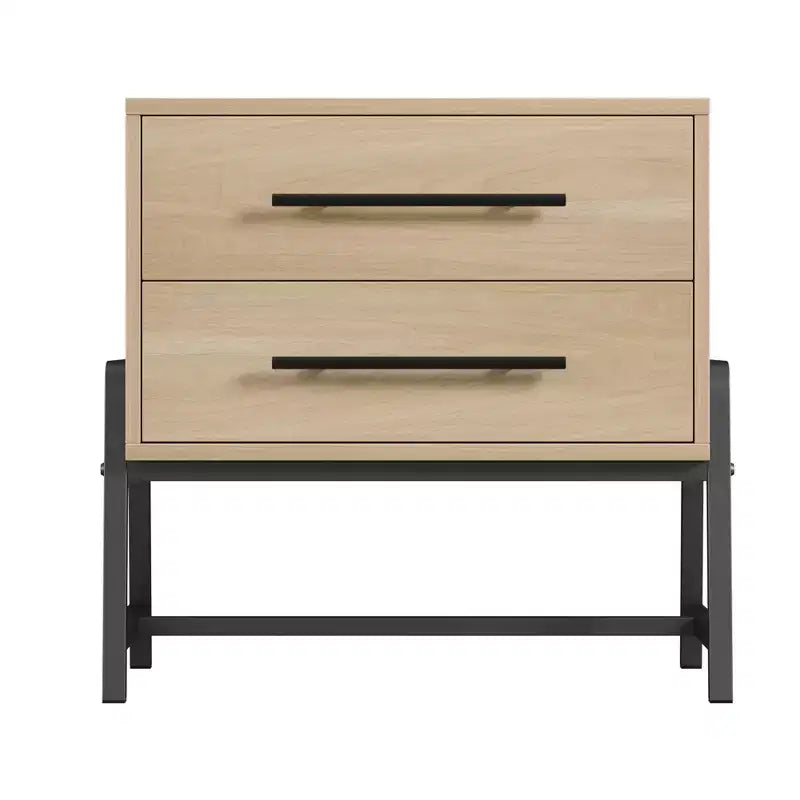 Table de chevet moderne du milieu du siècle avec 2 tiroirs de rangement, table de nuit, table d'appoint avec pieds en bois clair et métal pour chambre à coucher, salon, bois clair