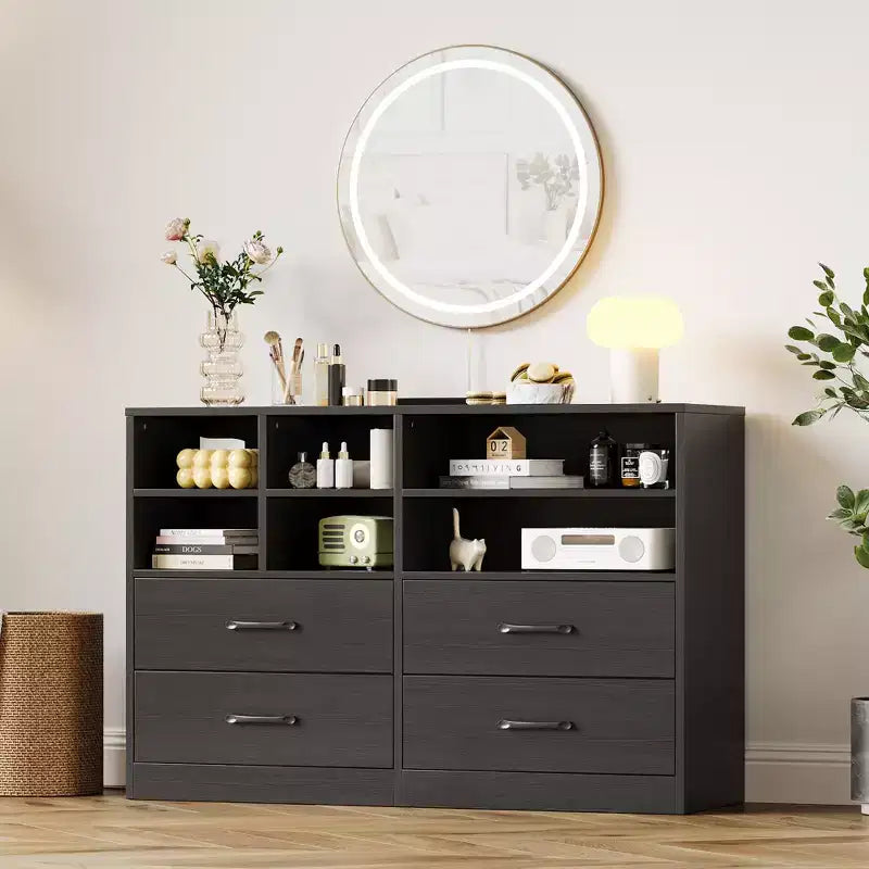 Commode à 4 tiroirs, organiseur multi-espaces pour chambre à coucher, meuble avec 6 casiers de rangement, commode moderne et meuble TV, salon, noir