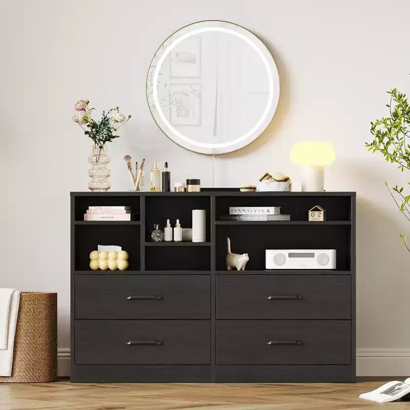 Commode à 4 tiroirs, organiseur multi-espaces pour chambre à coucher, meuble avec 6 casiers de rangement, commode moderne et meuble TV, salon, noir