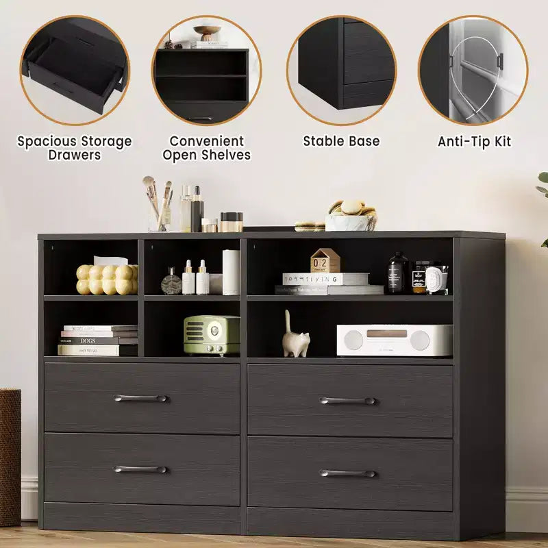 Commode à 4 tiroirs, organiseur multi-espaces pour chambre à coucher, meuble avec 6 casiers de rangement, commode moderne et meuble TV, salon, noir