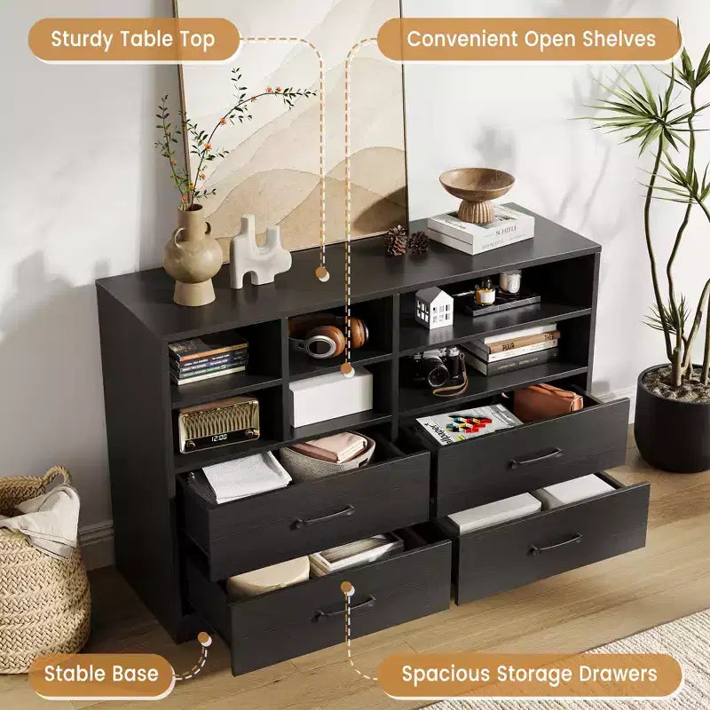 Commode à 4 tiroirs, organiseur multi-espaces pour chambre à coucher, meuble avec 6 casiers de rangement, commode moderne et meuble TV, salon, noir