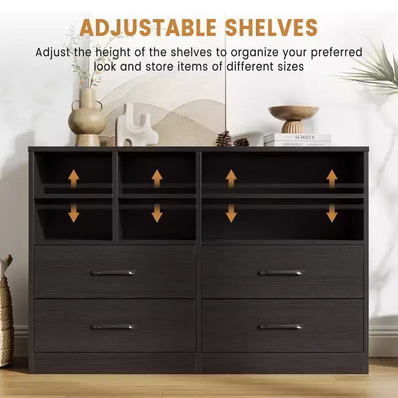 Commode à 4 tiroirs, organiseur multi-espaces pour chambre à coucher, meuble avec 6 casiers de rangement, commode moderne et meuble TV, salon, noir