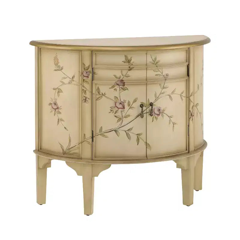 Buffet demi-lune vintage fait main avec motif floral et 2 portes de rangement