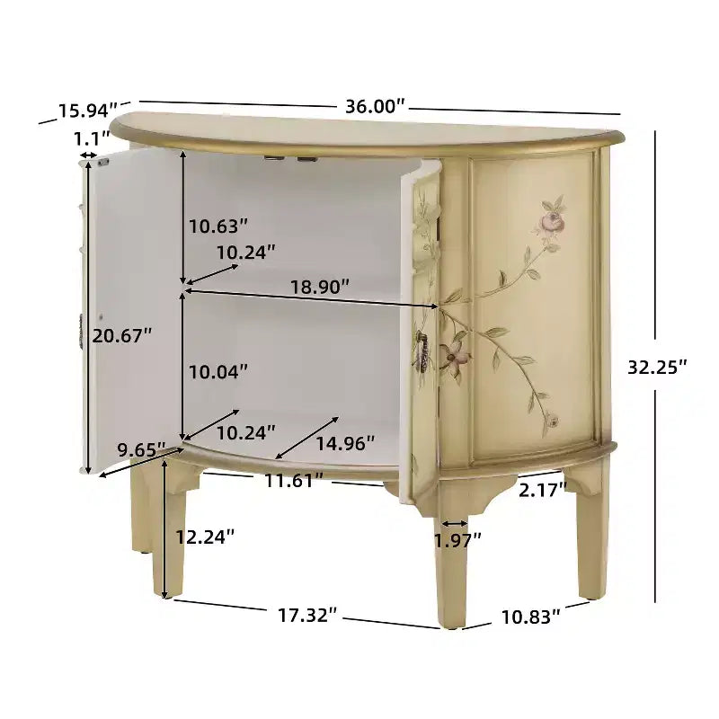Buffet demi-lune vintage fait main avec motif floral et 2 portes de rangement