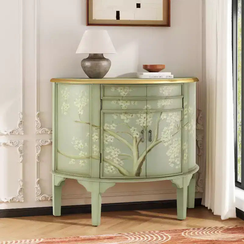 Buffet demi-lune vintage fait main avec motif floral et 2 portes de rangement