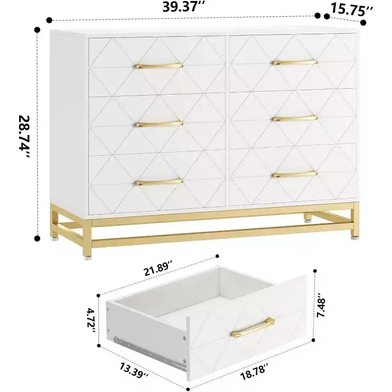 Meuble TV moderne en bois à 6 tiroirs, Console multimédia avec rangement pour chambre, salon, entrée, couloir, chambre d'enfant, meuble TV.