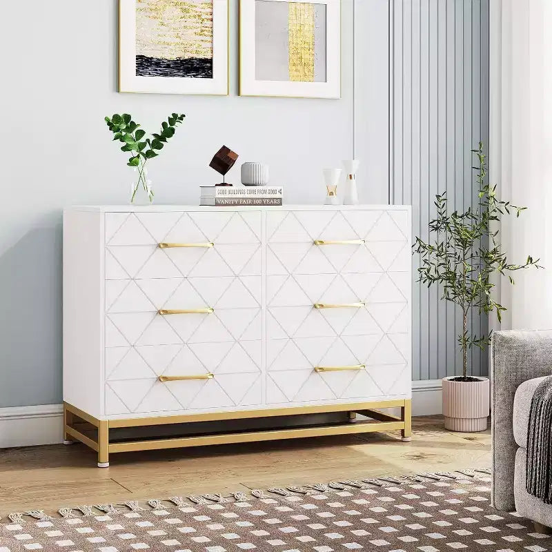Meuble TV moderne en bois à 6 tiroirs, Console multimédia avec rangement pour chambre, salon, entrée, couloir, chambre d'enfant, meuble TV.