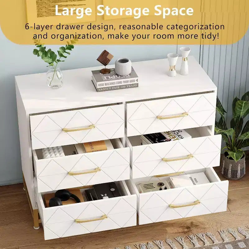 Meuble TV moderne en bois à 6 tiroirs, Console multimédia avec rangement pour chambre, salon, entrée, couloir, chambre d'enfant, meuble TV.