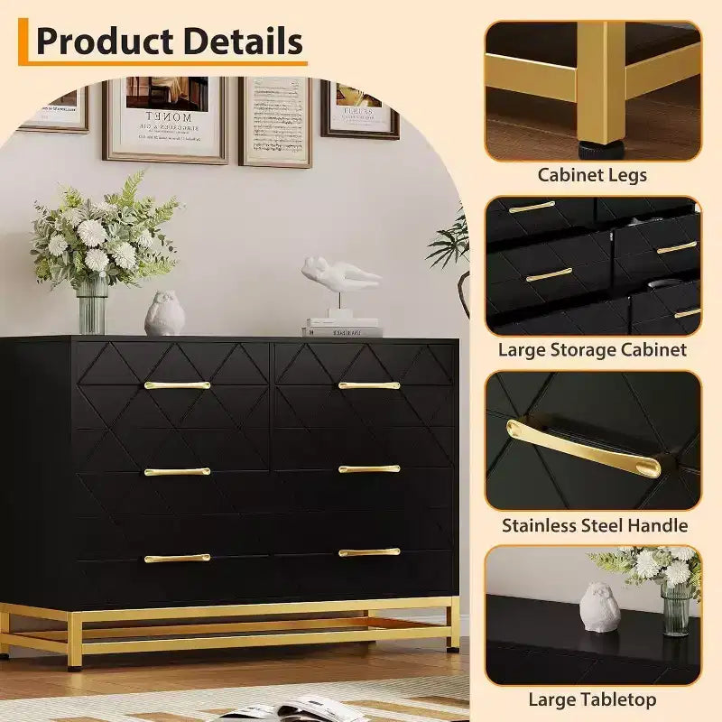 Meuble TV moderne en bois à 6 tiroirs, Console multimédia avec rangement pour chambre, salon, entrée, couloir, chambre d'enfant, meuble TV.
